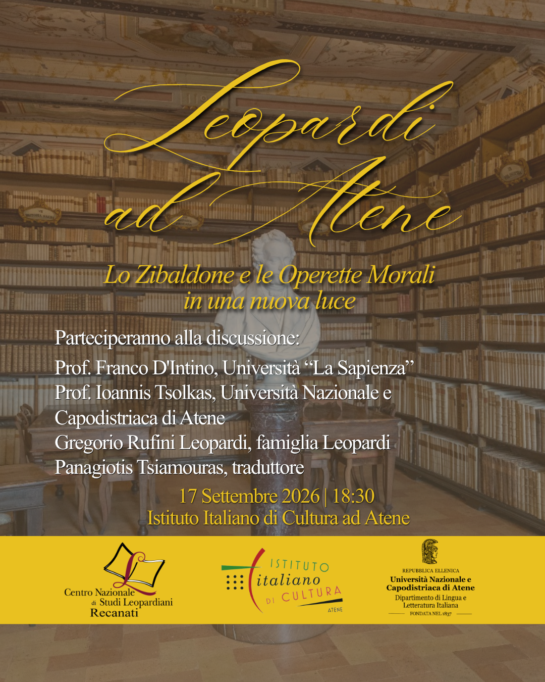 Leopardi ad Atene: «Lo Zibaldone» e le «Operette Morali» in una nuova prospettiva (Auditorium dell’Istituto Italiano di Cultura di Atene)